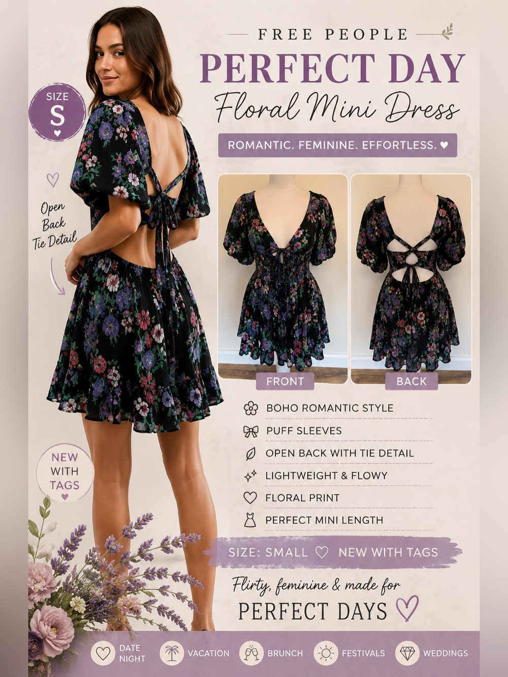 Free People Black Perfect Day floral printed Dress sz small